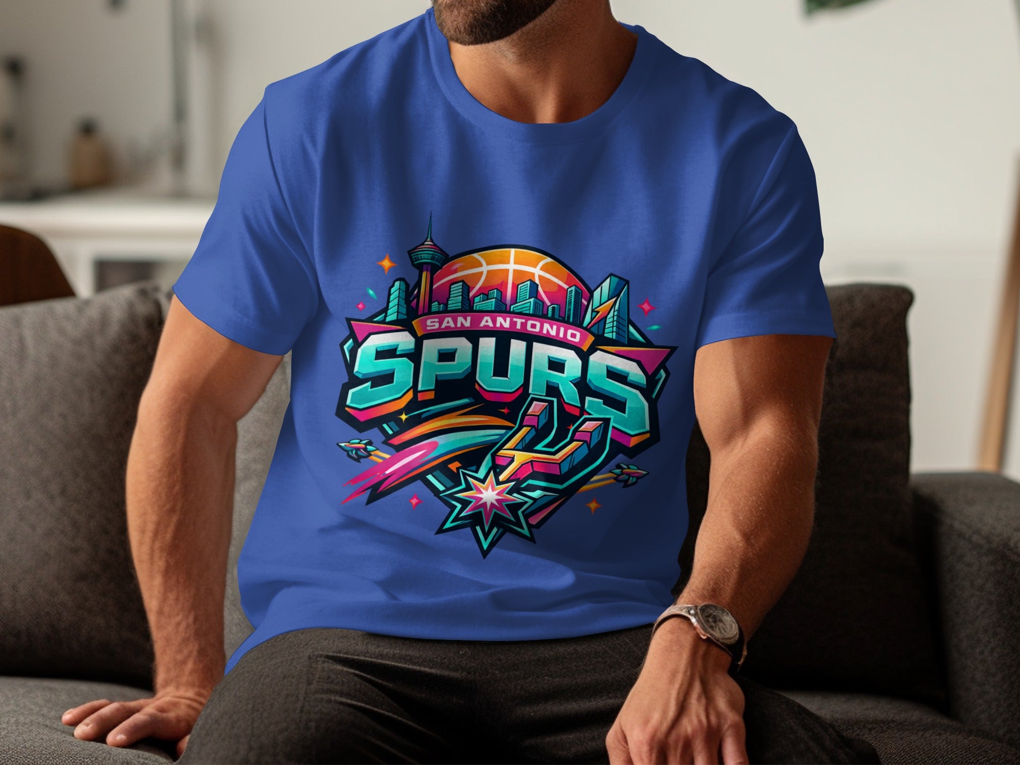 Blue t-shirt with San Antonio Spurs logo and city skyline graphic.