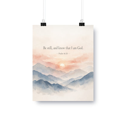 Watercolor mountains at sunrise with text "Be still, and know that I am God. - Psalm 46:10".