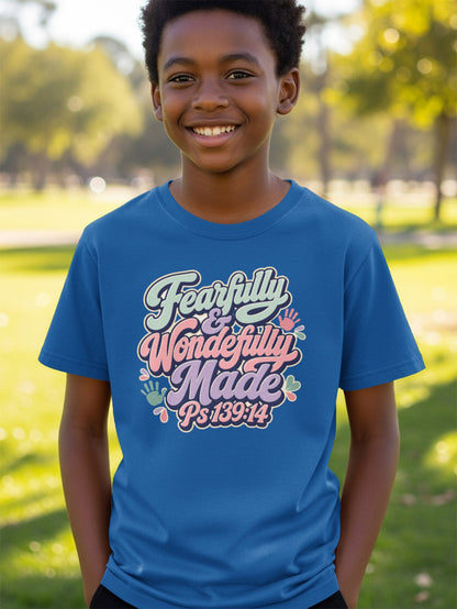 Boy wearing blue t-shirt with "Fearfully & Wonderfully Made Ps 139:14" text.