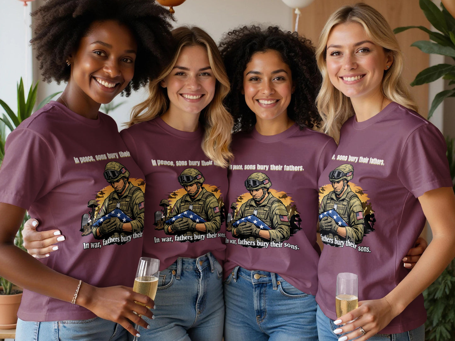 Four women in mauve t-shirts with a soldier carrying a flag graphic and patriotic text.
