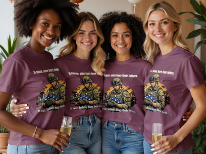 Four women in mauve t-shirts with a soldier carrying a flag graphic and patriotic text.