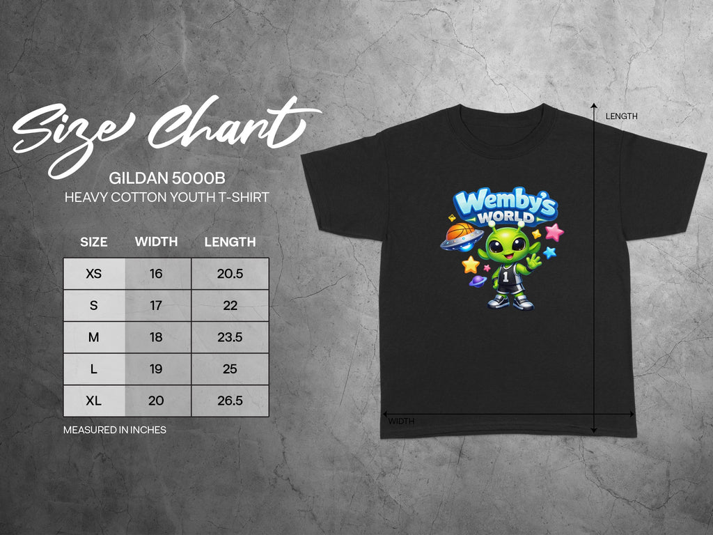 Black Gildan 5000B youth t-shirt with alien graphic and size chart.
