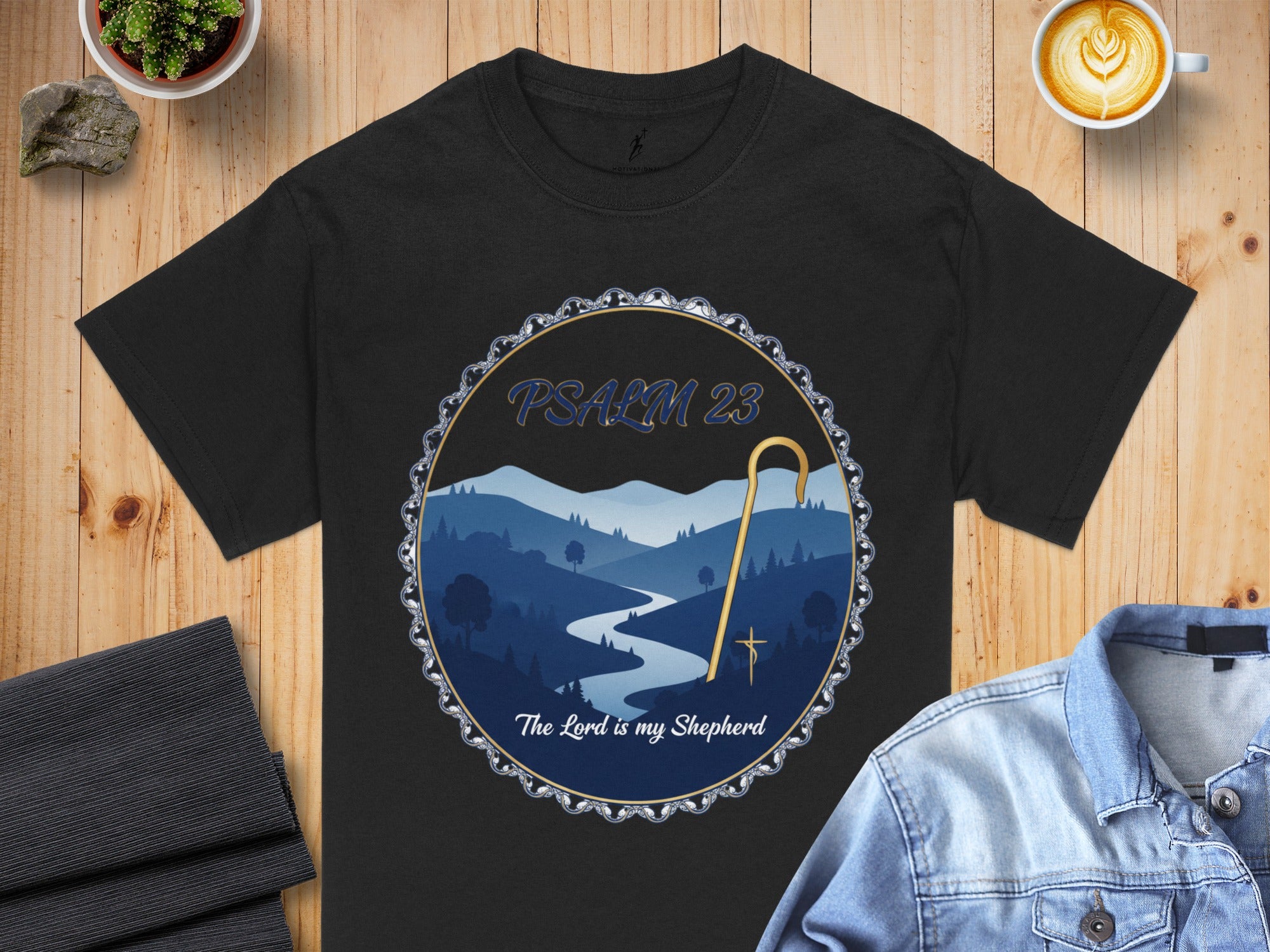 Black t-shirt with "Psalm 23 The Lord is my Shepherd" graphic and landscape scene.