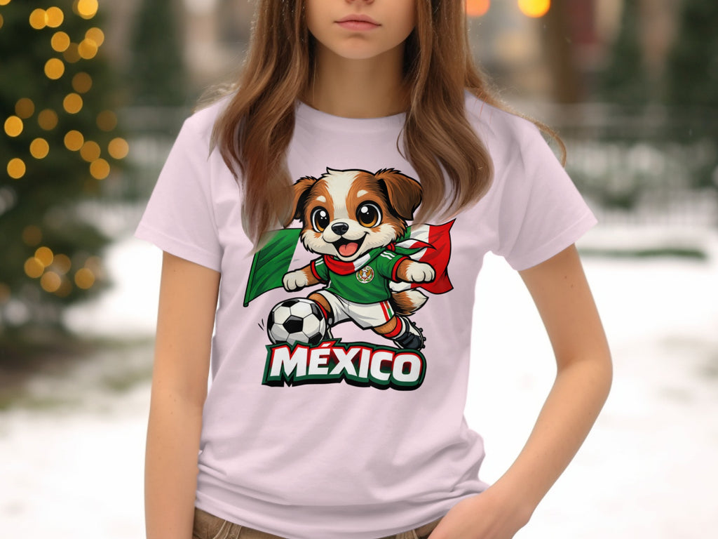 Cartoon dog with soccer ball and Mexican flag wearing shirt that says MEXICO.