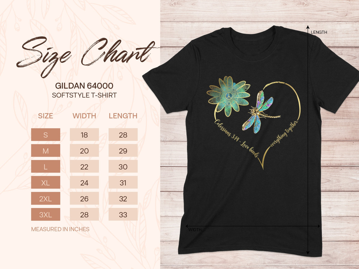 Black t-shirt with heart, flower, dragonfly, and scripture. Includes Gildan 64000 size chart.