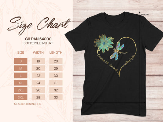 Black t-shirt with heart, flower, dragonfly, and scripture. Includes Gildan 64000 size chart.