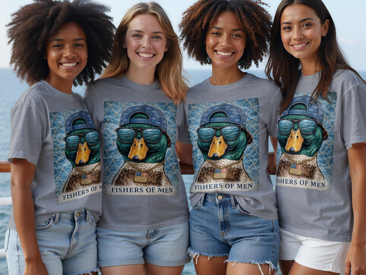 Four women in gray t-shirts featuring a duck wearing sunglasses and a hat.