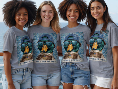 Four women in gray t-shirts featuring a duck wearing sunglasses and a hat.