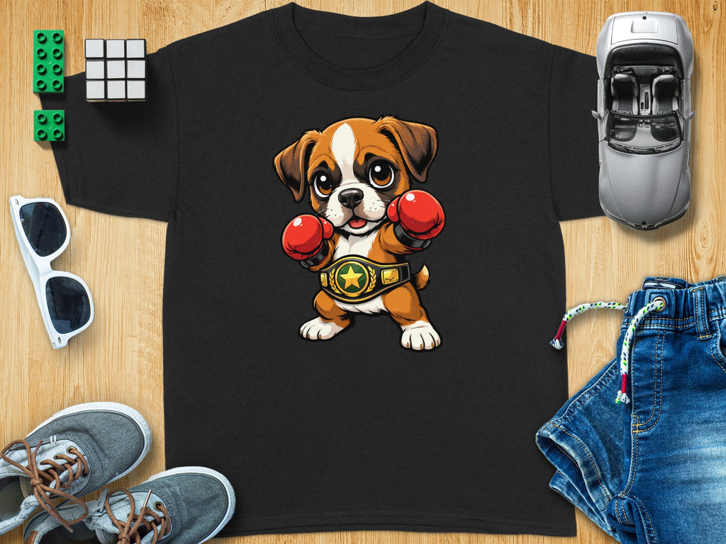 Black t-shirt with cartoon boxer dog wearing championship belt and red gloves.