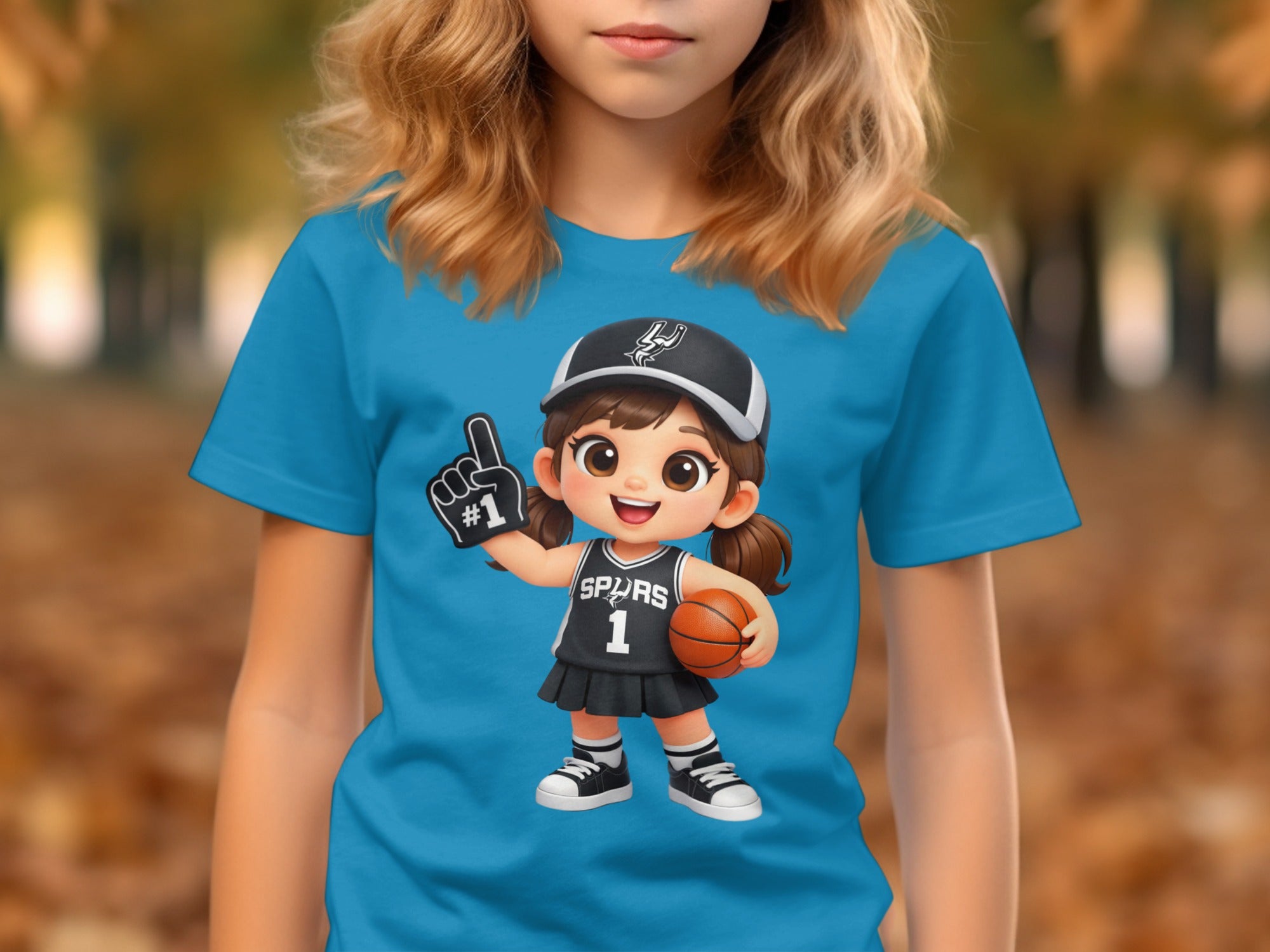 Cartoon girl in a Spurs basketball uniform holding a ball and wearing a foam finger.