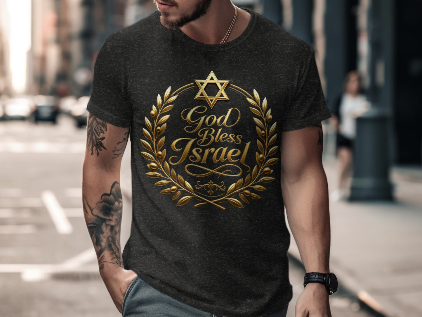T-shirt with gold emblem featuring Star of David and "God Bless Israel".