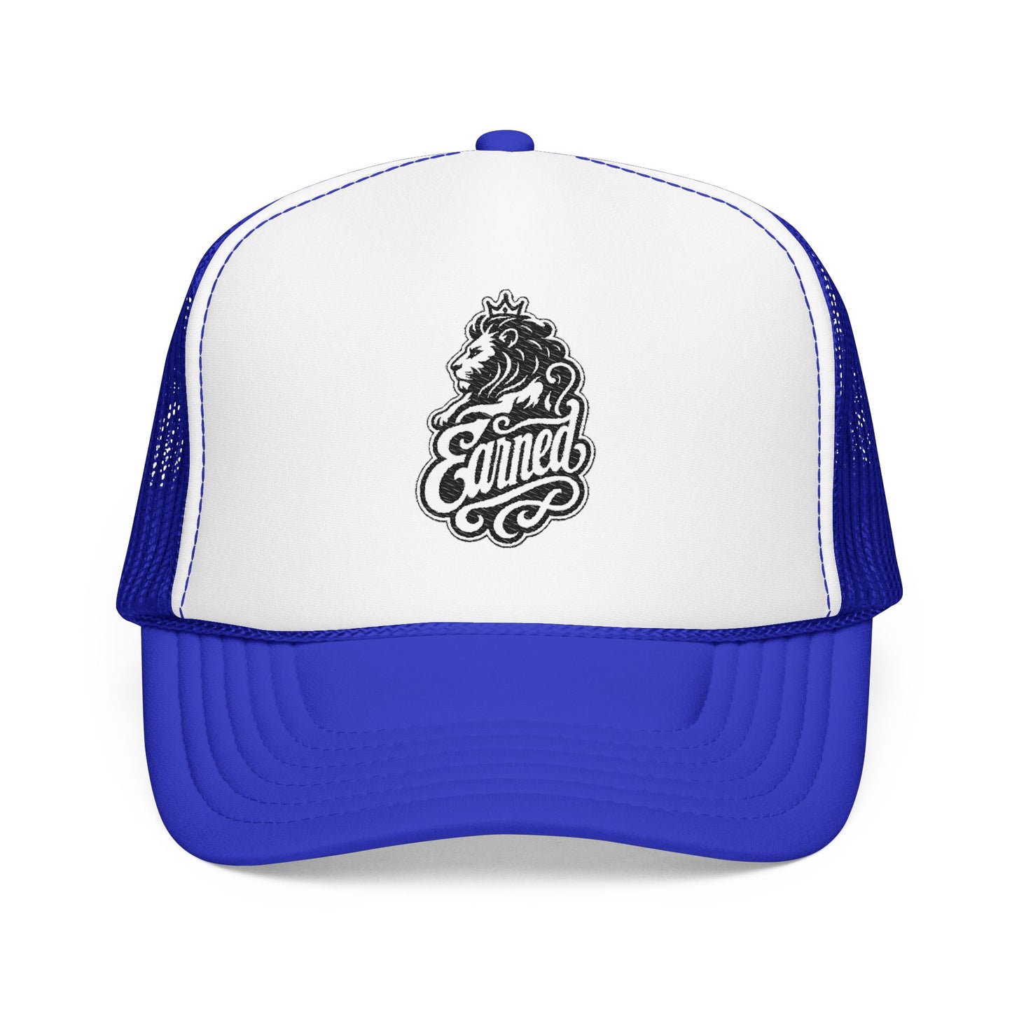 Blue trucker hat with white front and a lion graphic with the word "Earned".
