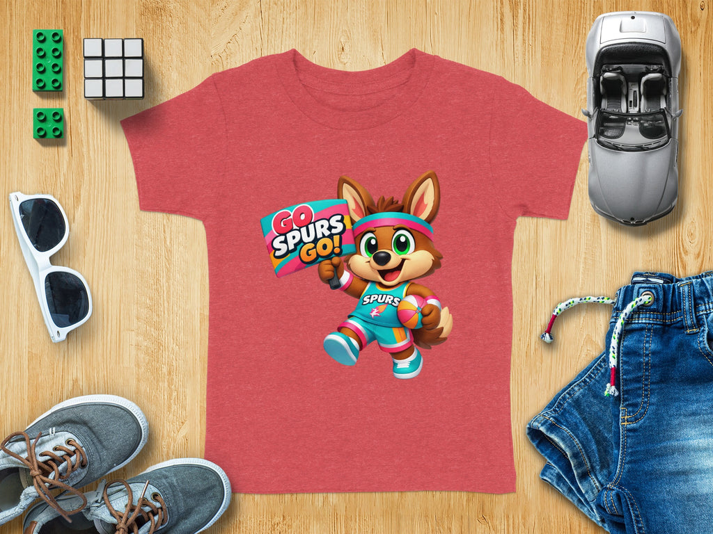 Red t-shirt featuring cartoon fox mascot holding "Go Spurs Go!" sign.