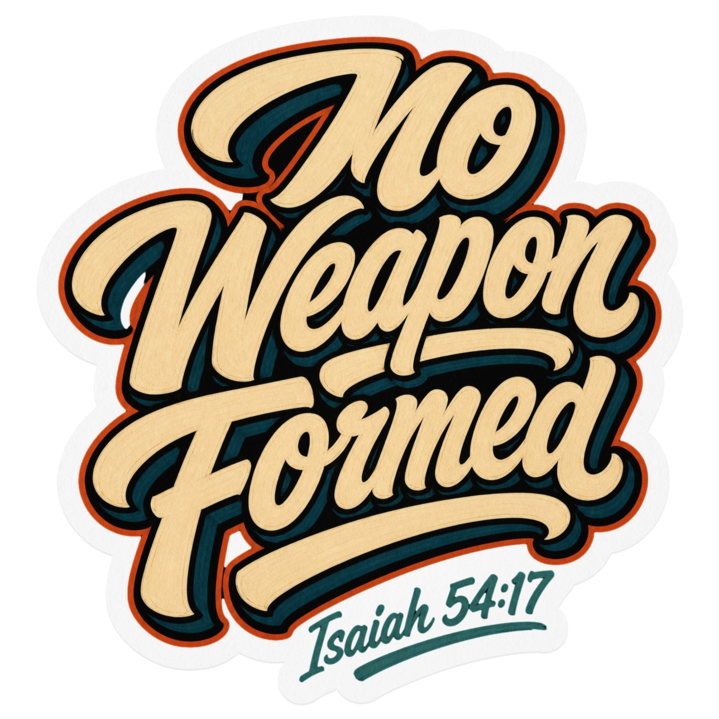 "No Weapon Formed" sticker with "Isaiah 54:17" text.