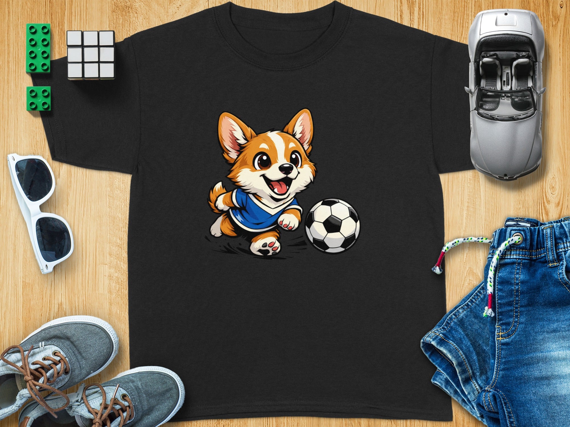 Black t-shirt with cartoon corgi kicking a soccer ball graphic.