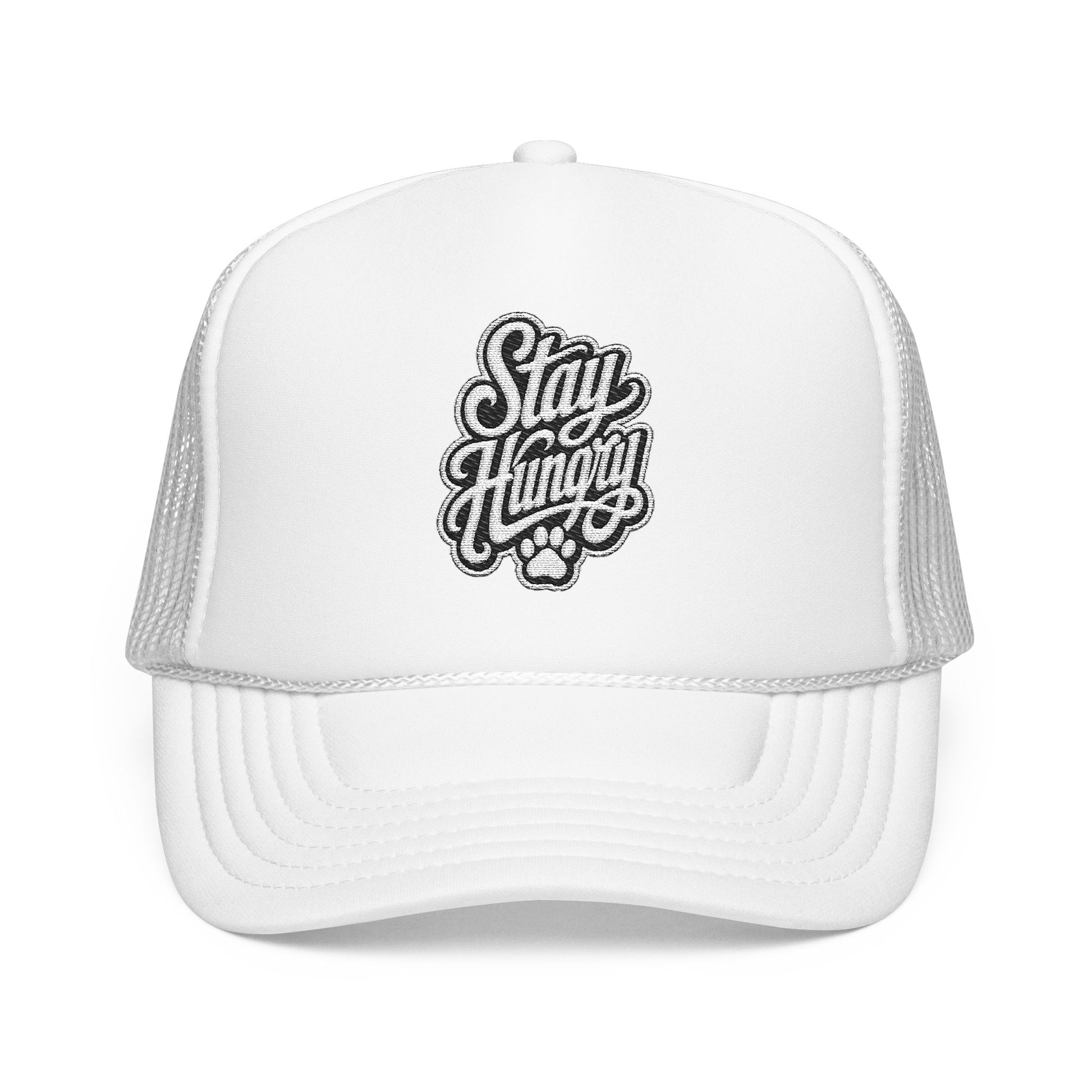 White trucker hat with "Stay Hungry" embroidered logo and paw print.