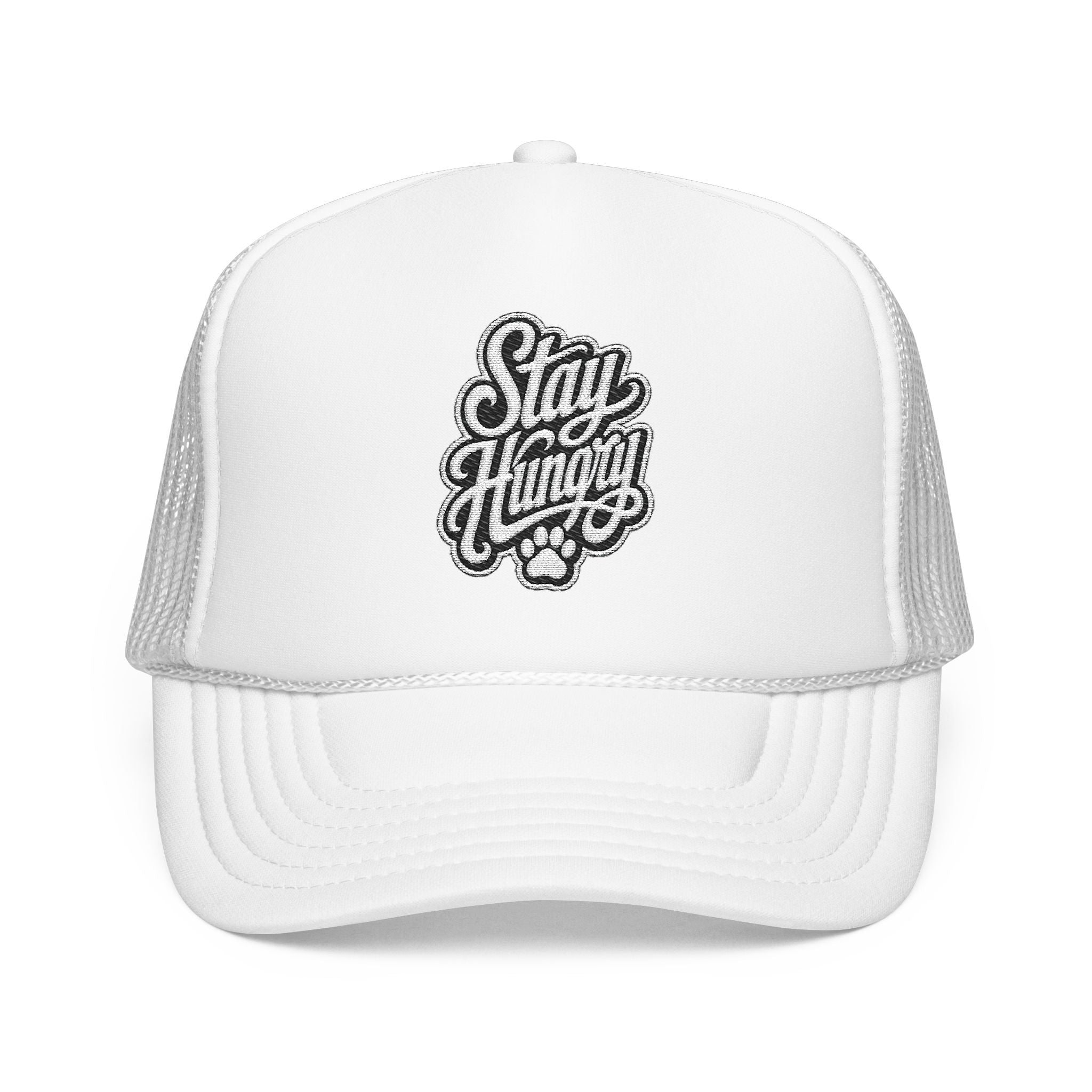 White trucker hat with "Stay Hungry" embroidered logo and paw print.