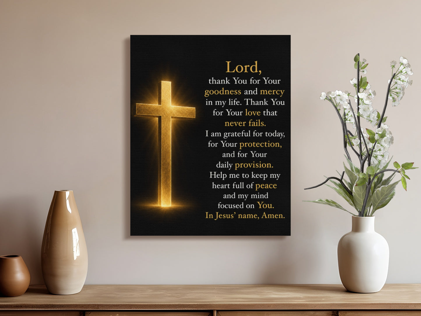 Golden cross with prayer text "Lord, thank You for Your goodness..." on a black background.