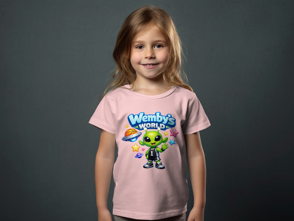 Pink t-shirt with "Wemby's World" text and a cartoon alien basketball player.