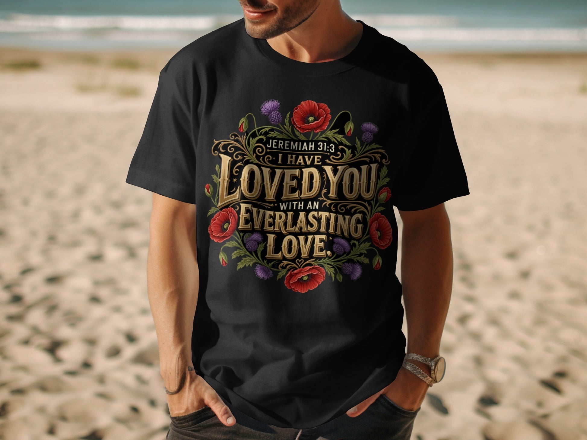 Black t-shirt with "I have loved you with an everlasting love" text and floral design.