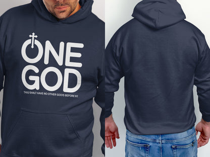 Dark navy hoodie with white "ONE GOD" and cross graphic, showing front and back.