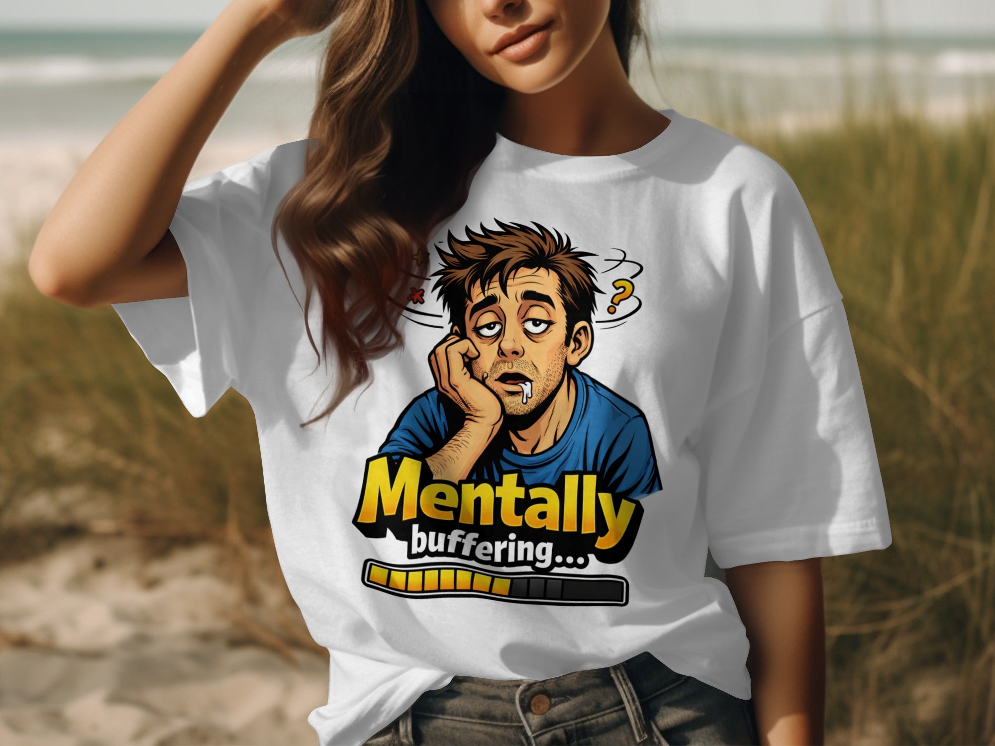 White t-shirt graphic with cartoon man and text "Mentally buffering..." and a loading bar.