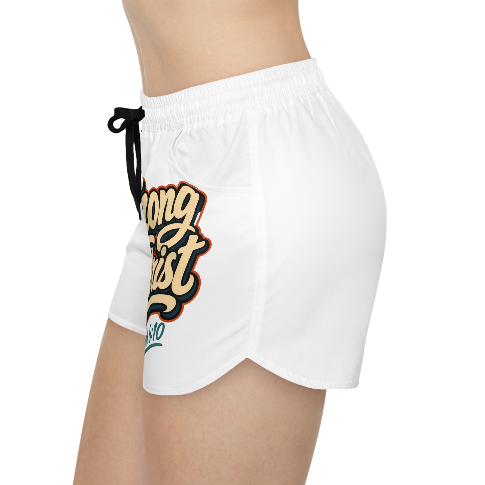 White athletic shorts with "Strong" graphic and "6:10" text