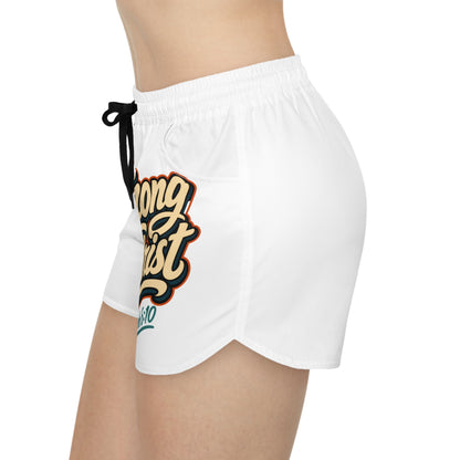White athletic shorts with "Strong" graphic and "6:10" text