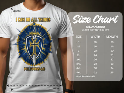 White t-shirt with shield, sword, and text "I Can Do All Things" and "Philippians 4:13".
