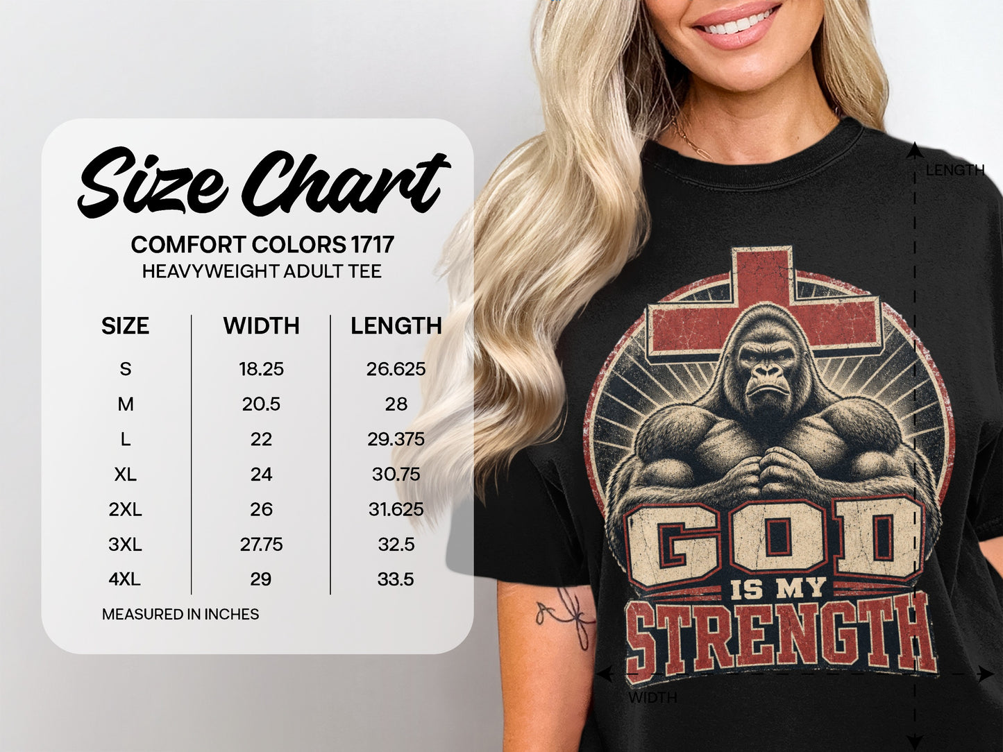 Black t-shirt with distressed graphic of a gorilla and text "GOD IS MY STRENGTH", with size chart.