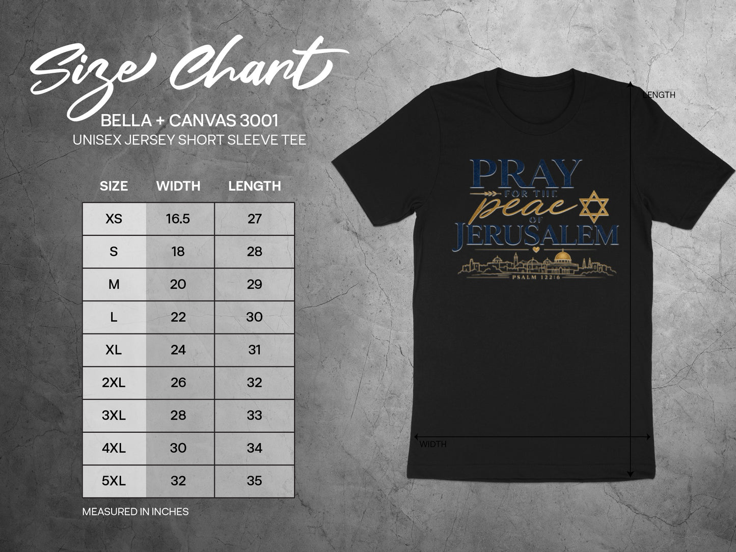 Size chart for Bella + Canvas 3001 unisex jersey tee with "Pray for the Peace of Jerusalem" graphic.