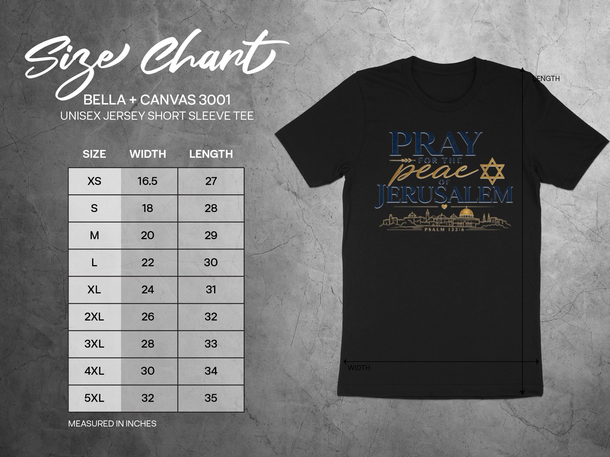 Size chart for Bella + Canvas 3001 unisex jersey tee with "Pray for the Peace of Jerusalem" graphic.