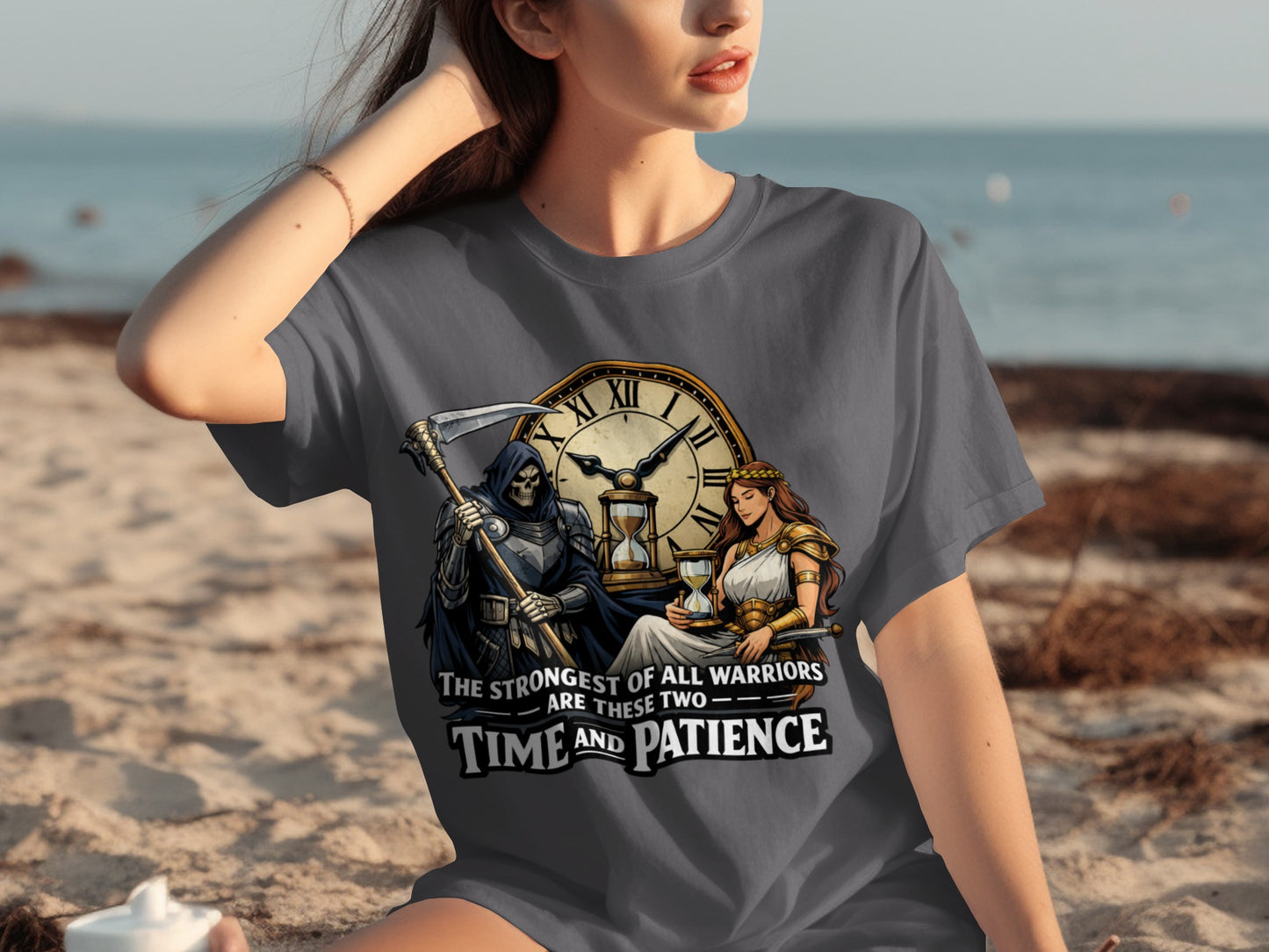 Grim Reaper, goddess, hourglass, and clock with "Time and Patience" text.