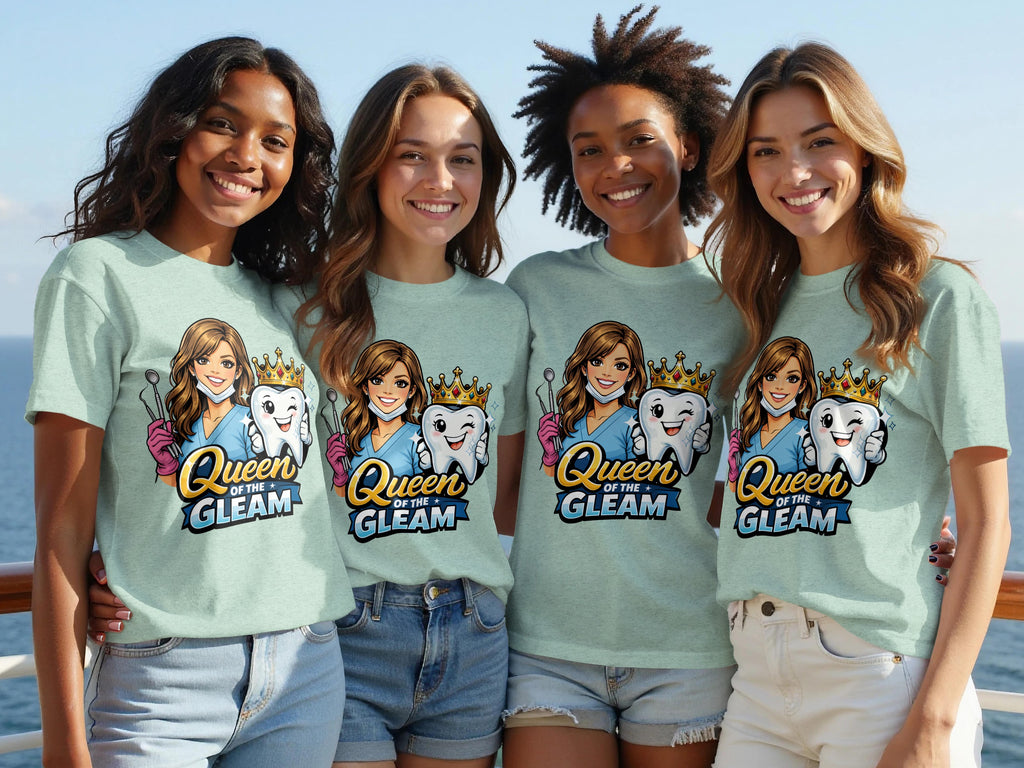 Four women wear mint green t-shirts with a graphic of a dentist and a crowned tooth.