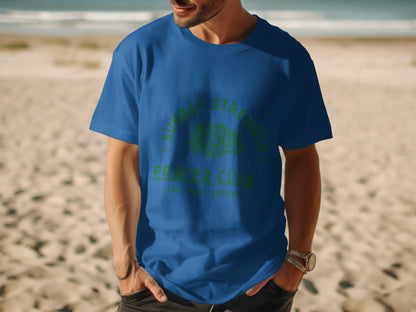 Blue t-shirt with green text: Sunday Strength Jesus Prayer Club Fail. Pray. Repeat.