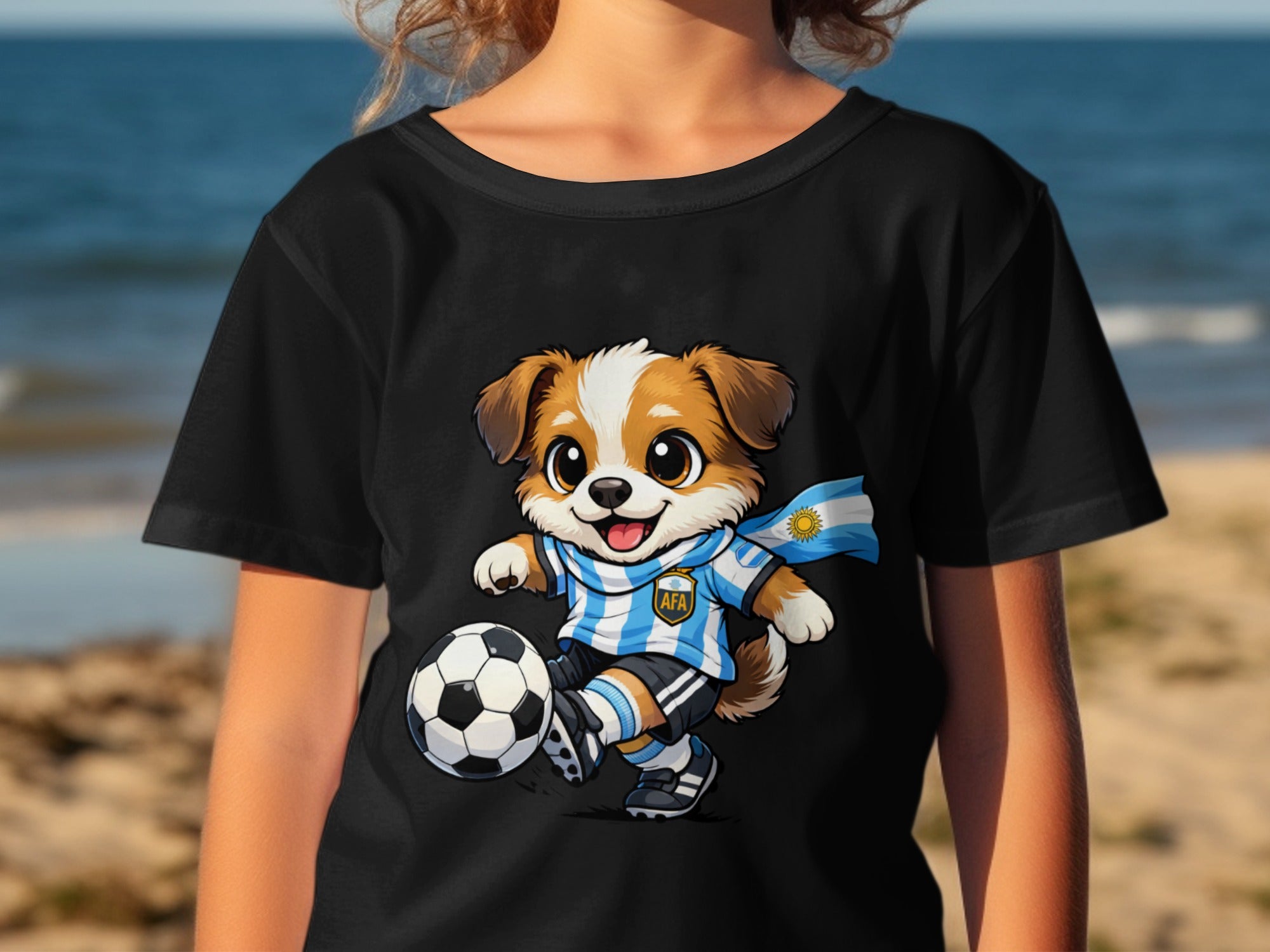 Cartoon dog in Argentina soccer uniform playing with a ball on a black shirt.