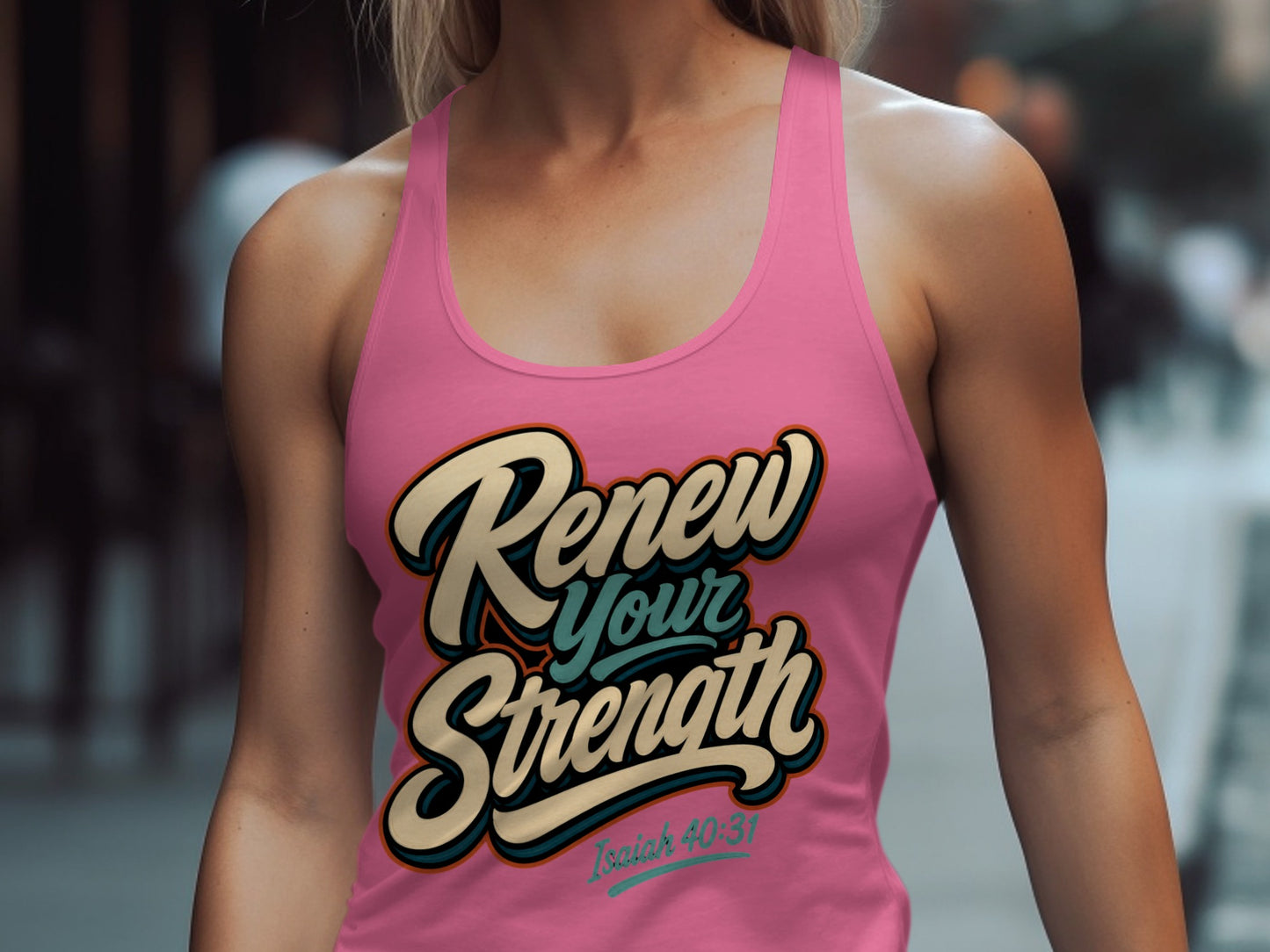 Pink tank top with "Renew Your Strength" and "Isaiah 40:31" text.