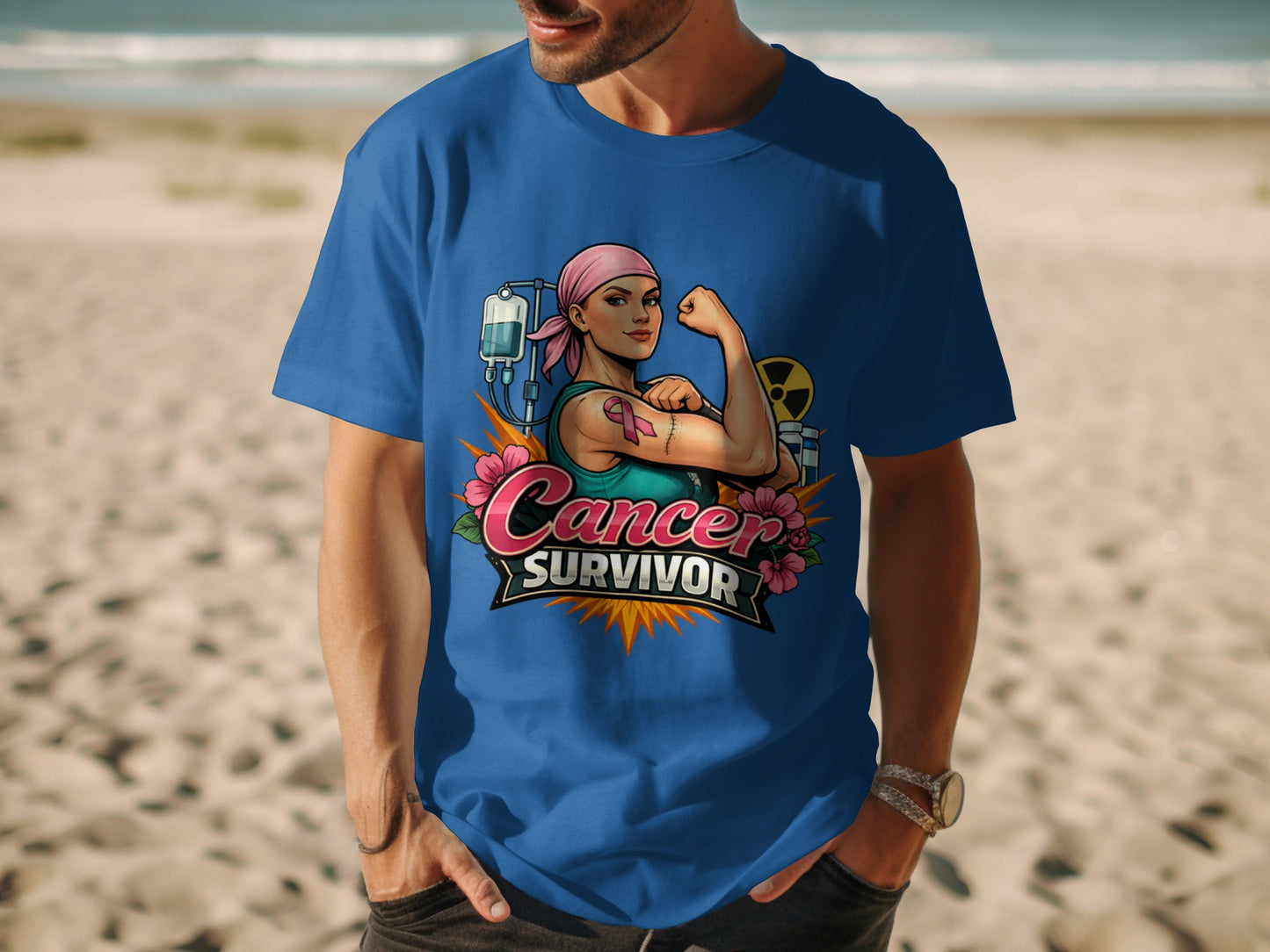 Blue t-shirt with "Cancer Survivor" graphic featuring a flexing woman and medical icons.