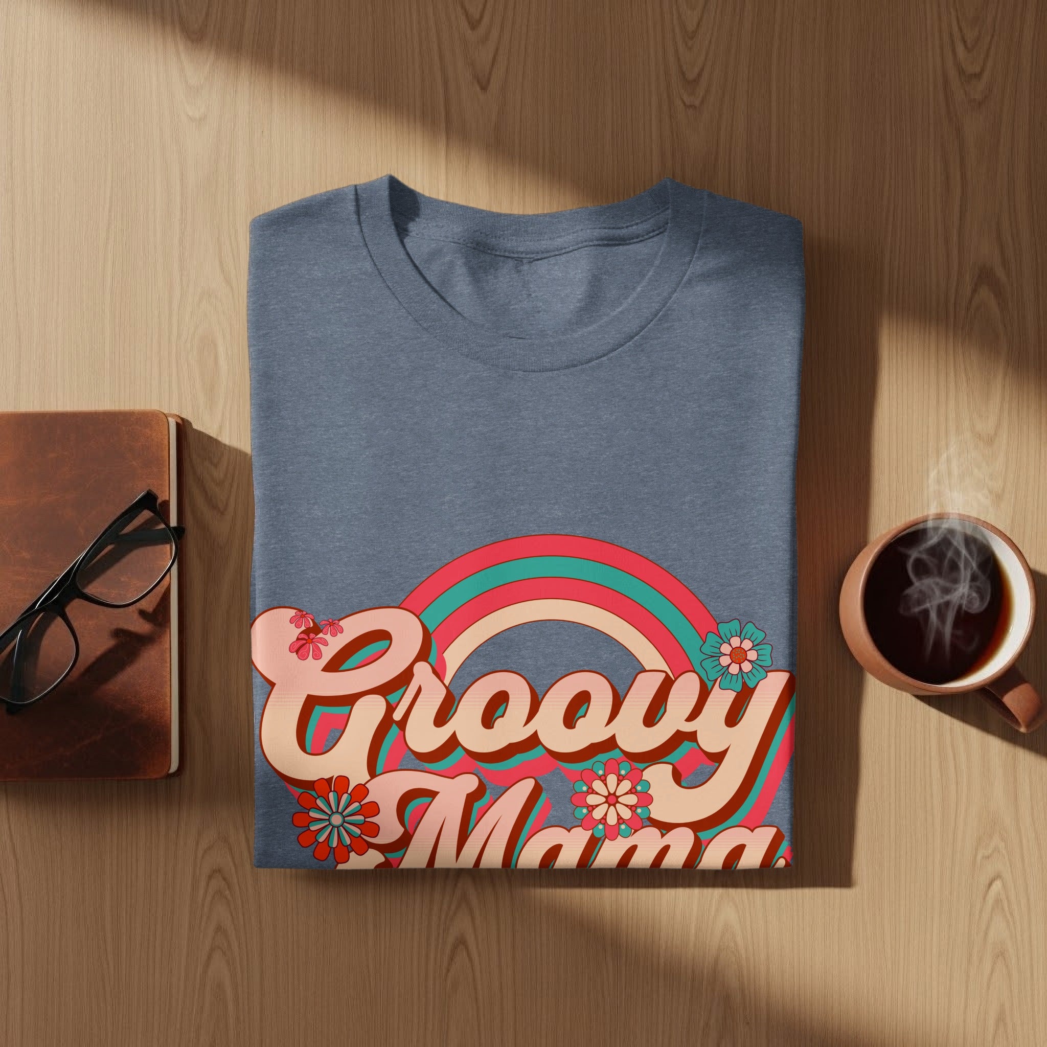 Blue t-shirt with "Groovy Mama" text and retro rainbow design.