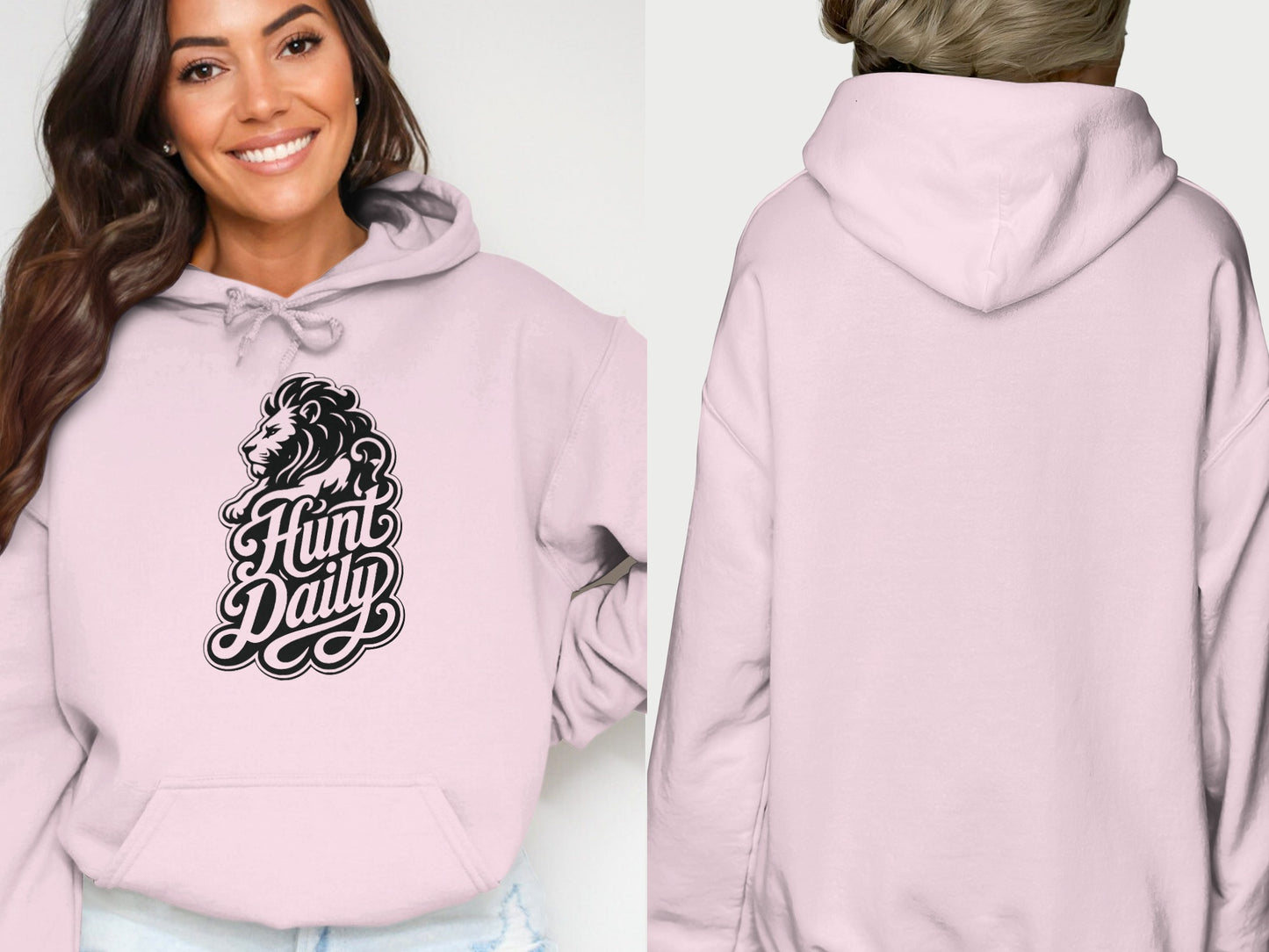 Pink hoodie with lion and text "Hunt Daily" graphic on front.