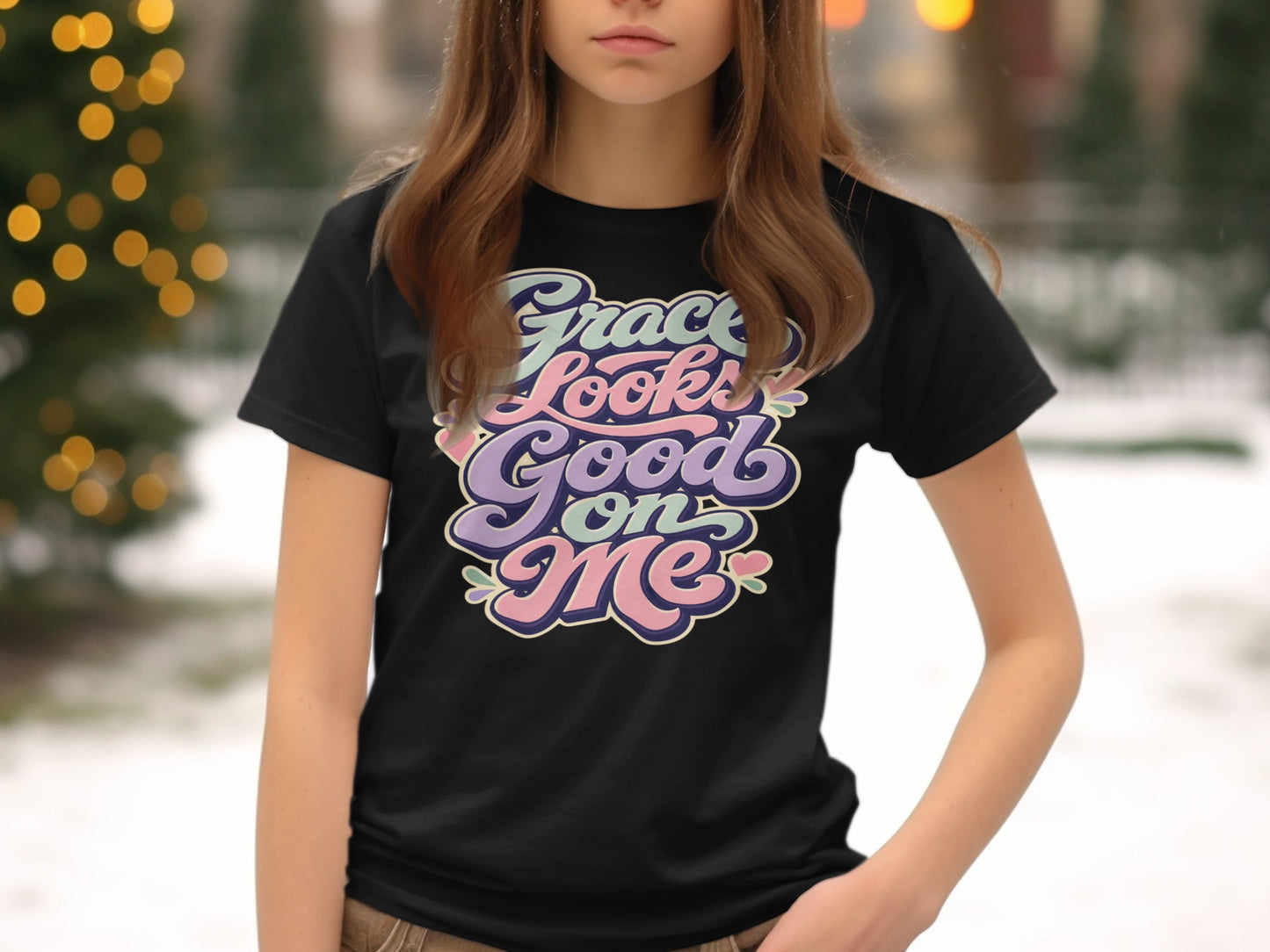 Black t-shirt with "Grace Looks Good on Me" text in colorful retro lettering.
