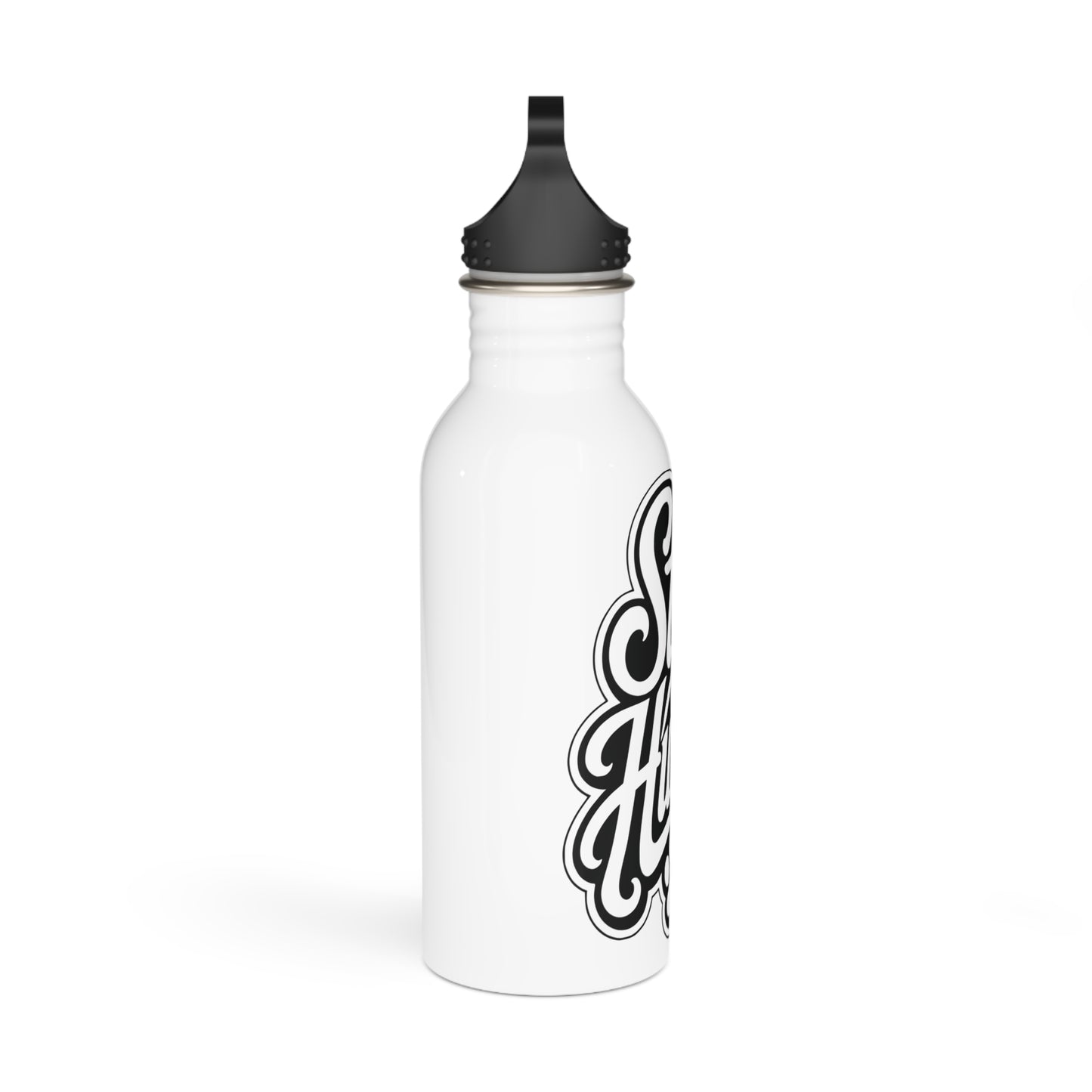 White water bottle with black lid and black "So Happy" script text.