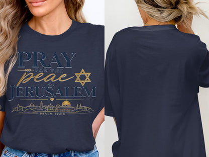 Navy t-shirt with "PRAY FOR THE PEACE OF JERUSALEM" text and skyline.