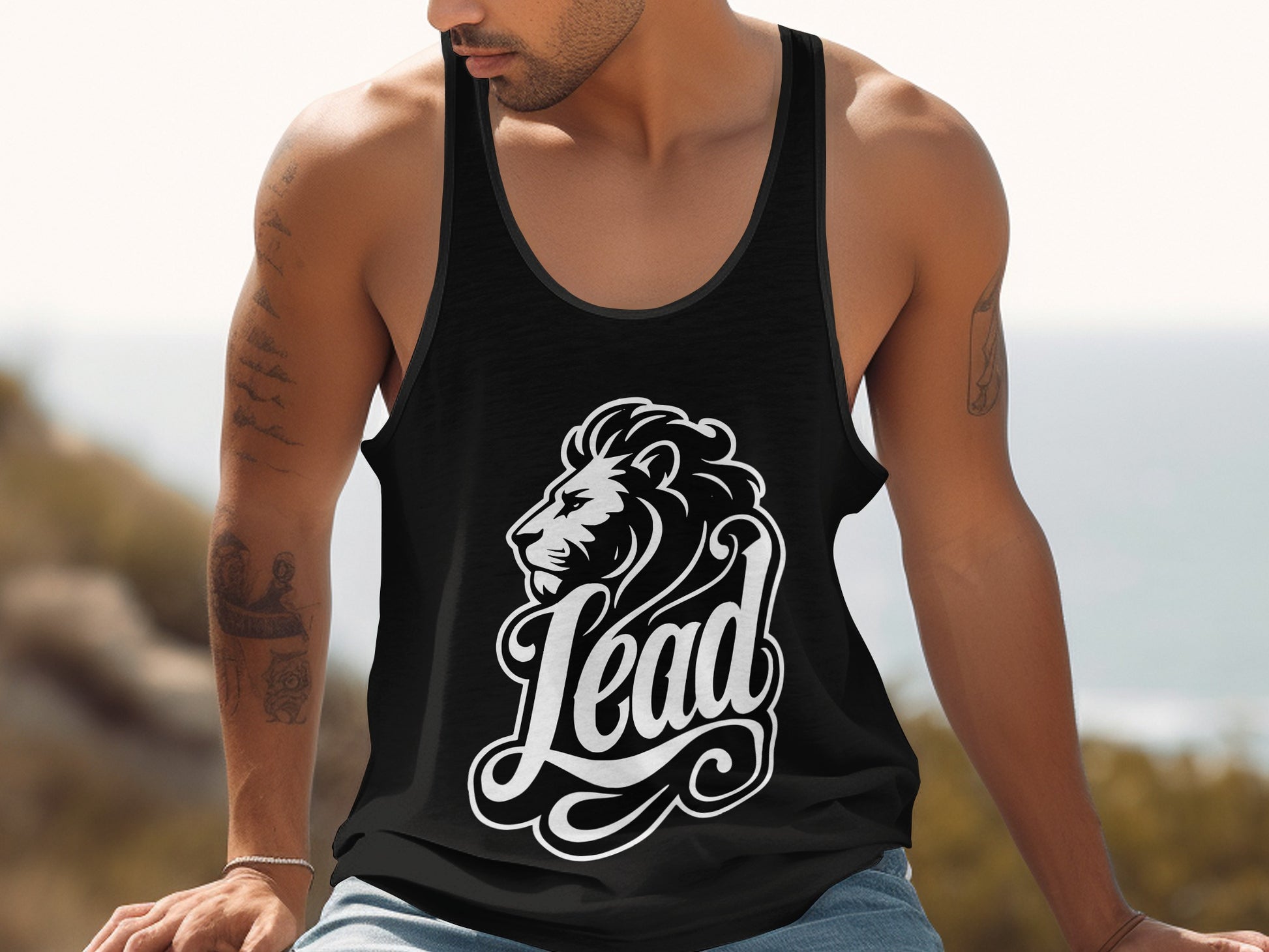 Black tank top with white lion's head and "Lead" graphic.