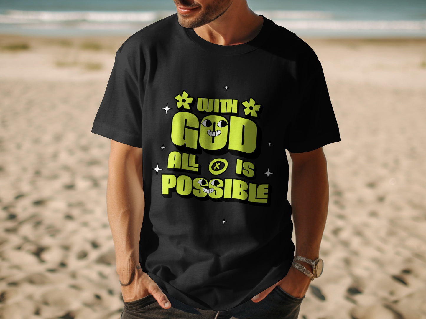 Black t-shirt with "WITH GOD ALL IS POSSIBLE" in yellow text and cartoon characters.