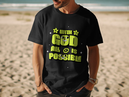 Black t-shirt with "WITH GOD ALL IS POSSIBLE" in yellow text and cartoon characters.