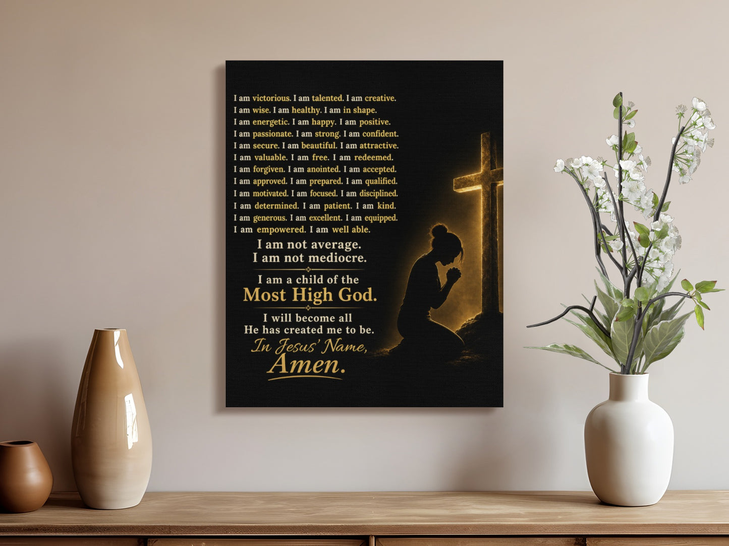 Affirmation canvas with praying figure and cross, text includes "I am not average".