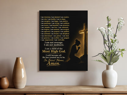 Affirmation canvas with praying figure and cross, text includes "I am not average".
