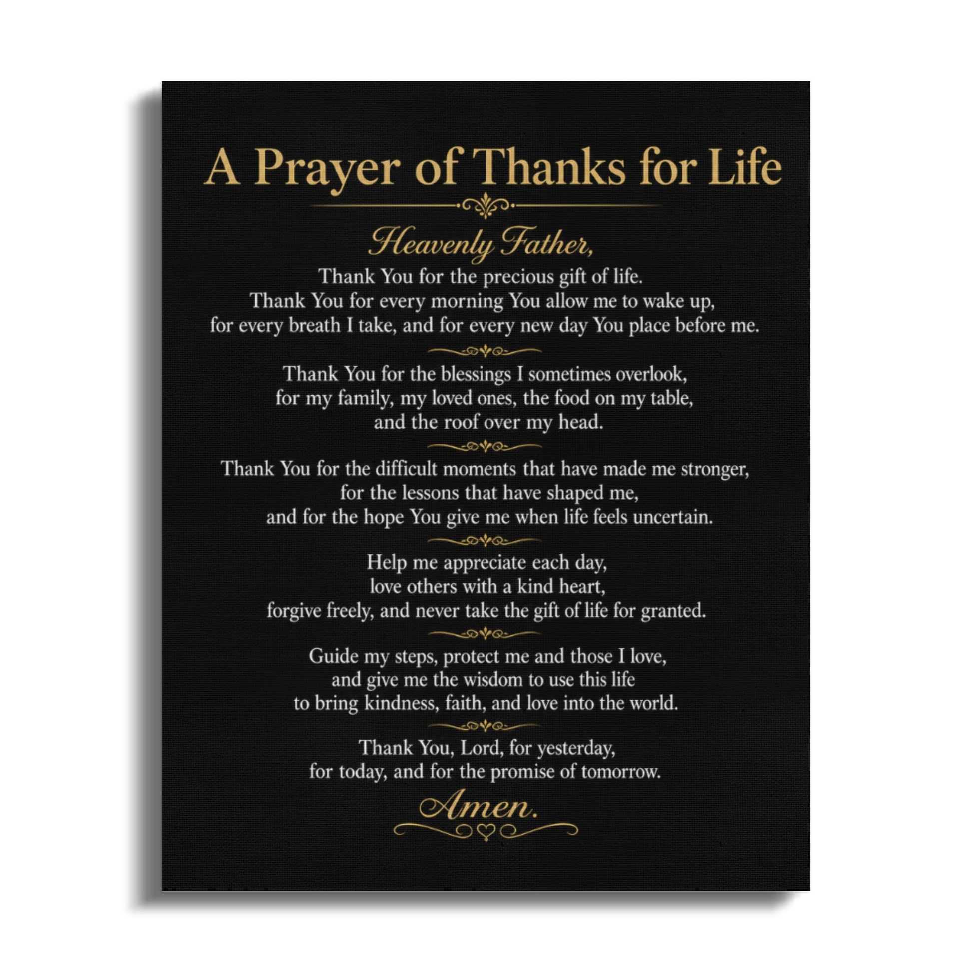 A Prayer of Thanks for Life with text of a prayer and the word Amen.