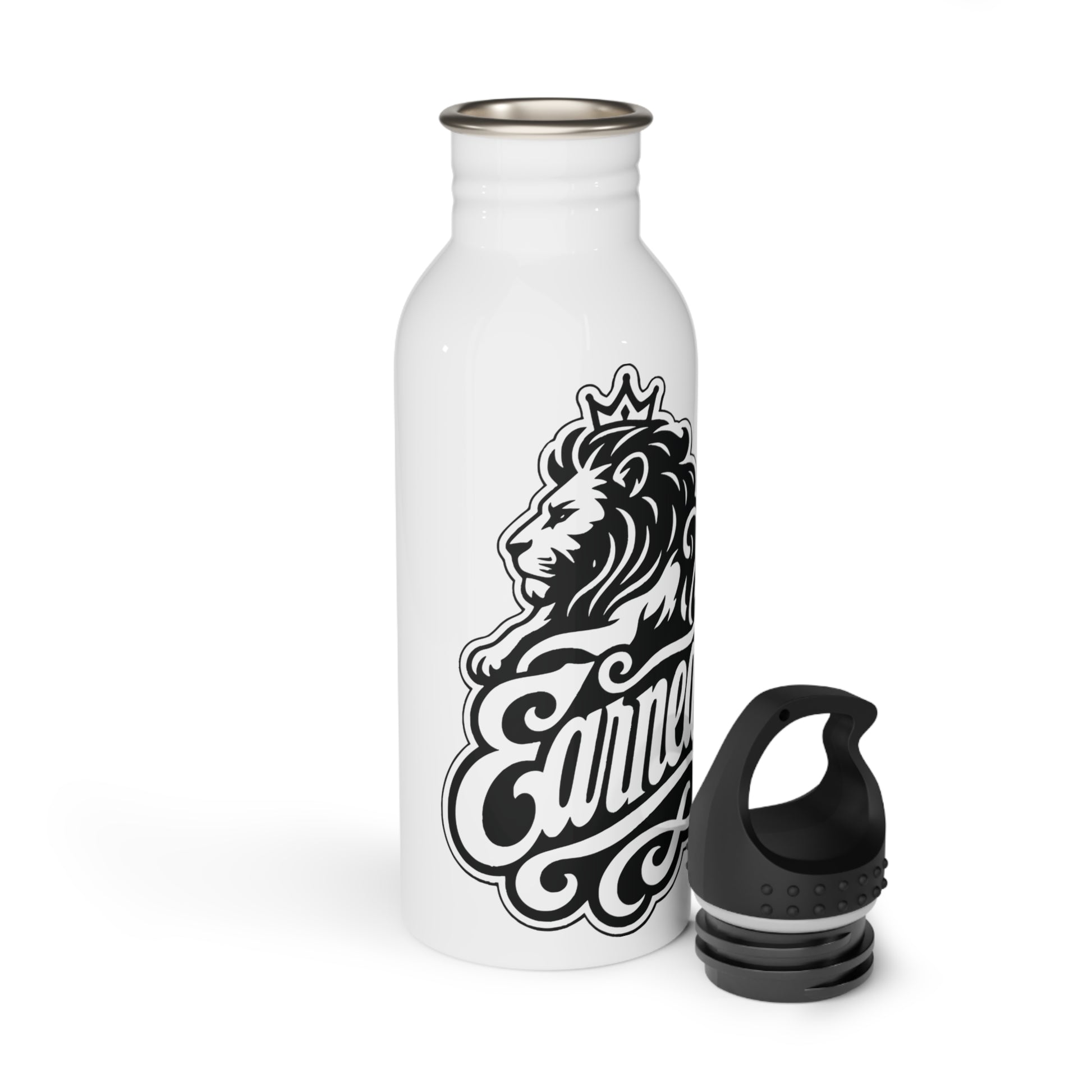 White water bottle with lion and crown logo and black cap.